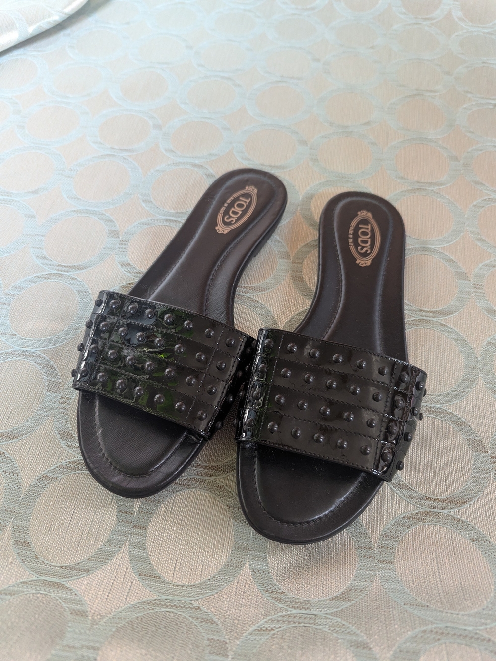 TOD'S Black Studded Patent Leather Slide Mules